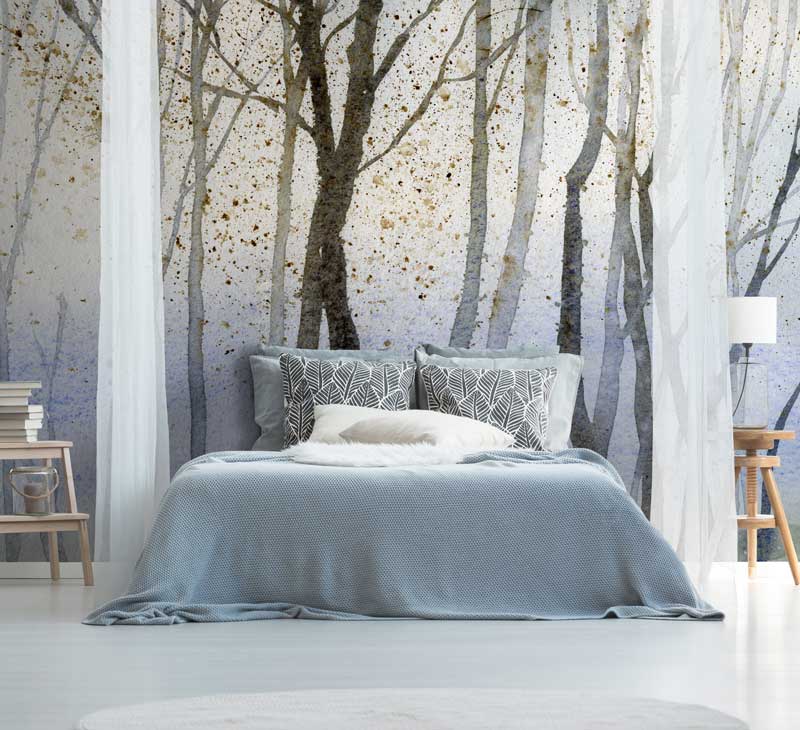 Blue & White Watercolour Forest Wall Mural hero image