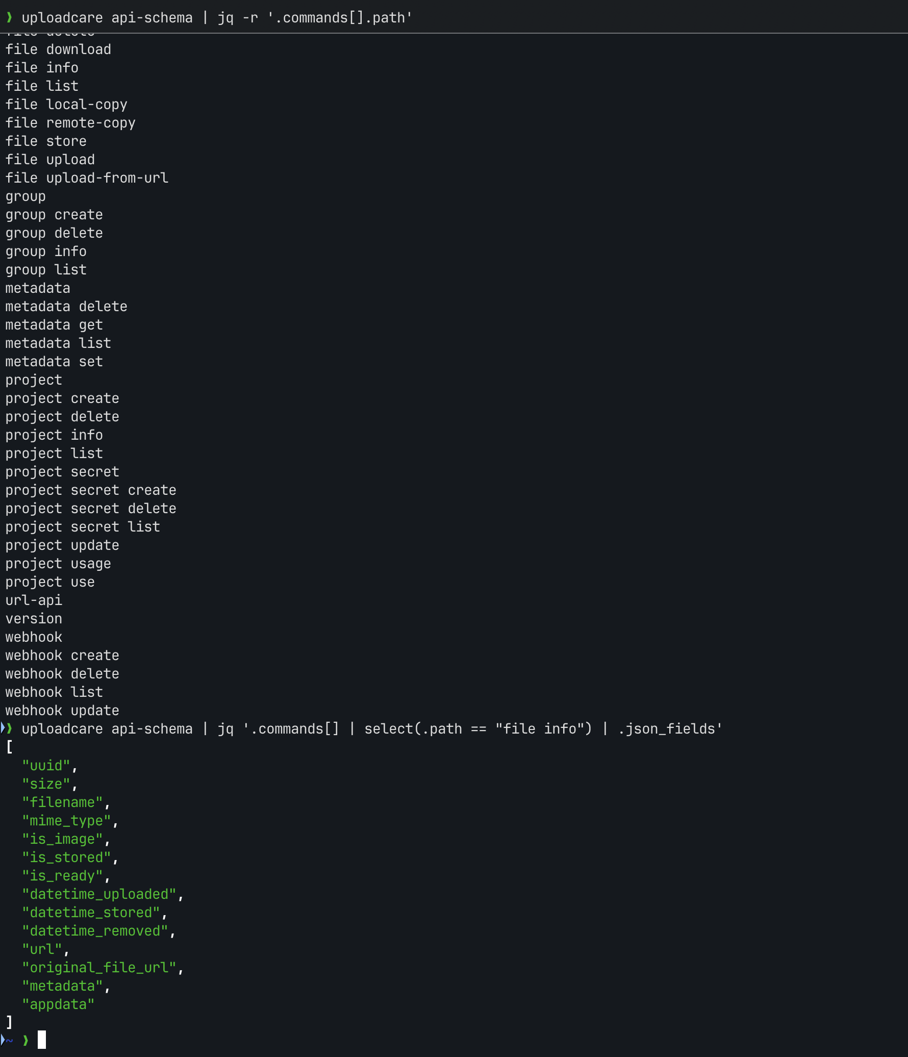Terminal output of the uploadcare api-schema command listing available command paths as JSON
