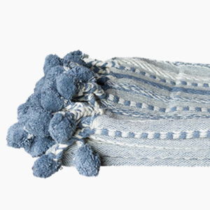 Azul Handloomed Cotton Pom-Pom Throw- blue