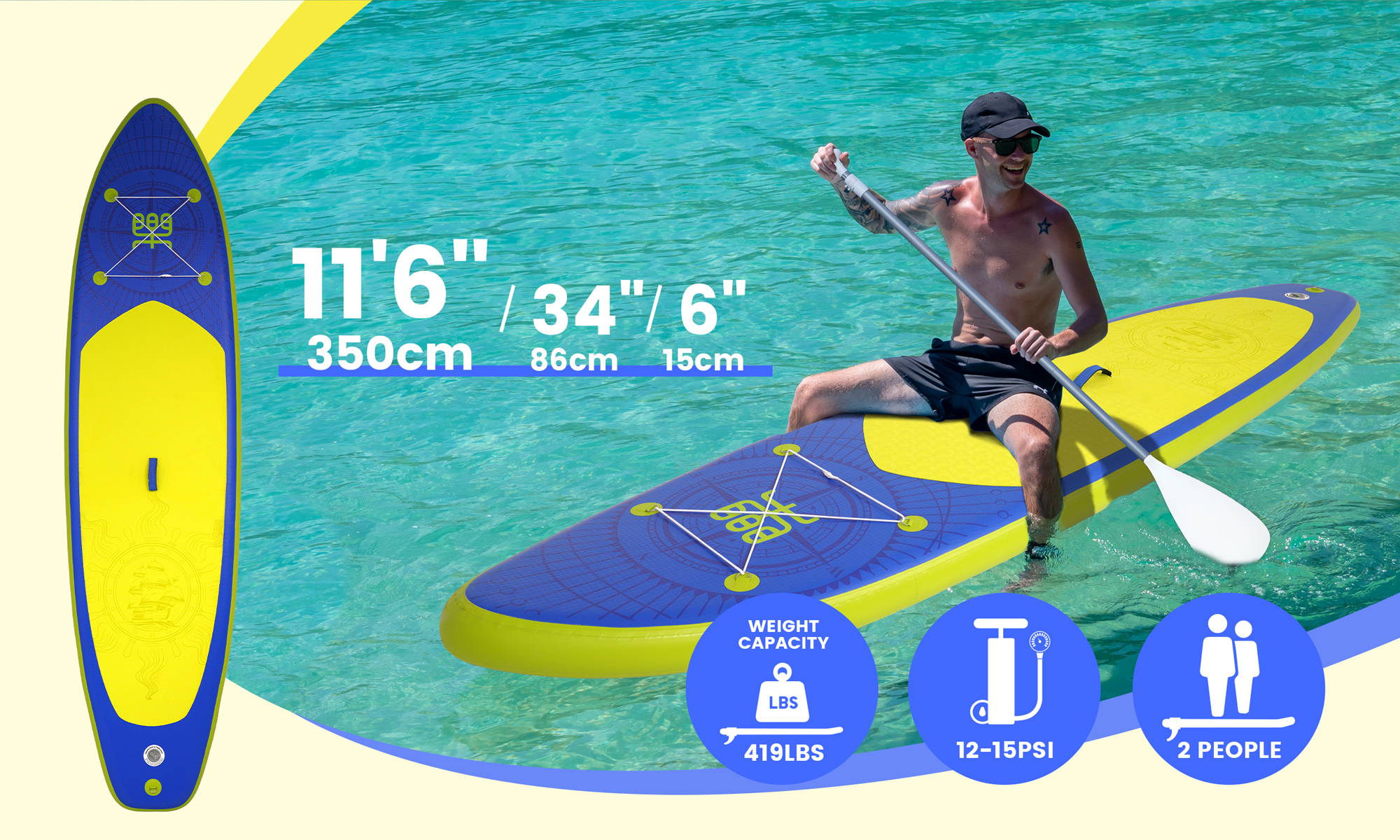 The parameters of the Funwater inflatable paddle board is 11'6''/34''/6''