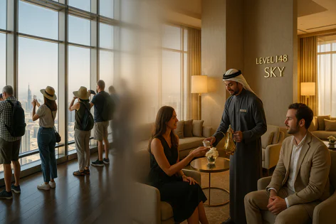 Tourists view the Dubai city skyline from the Burj Khalifa Level 148 SKY observation deck while an attendant serves coffee in a luxurious lounge.
